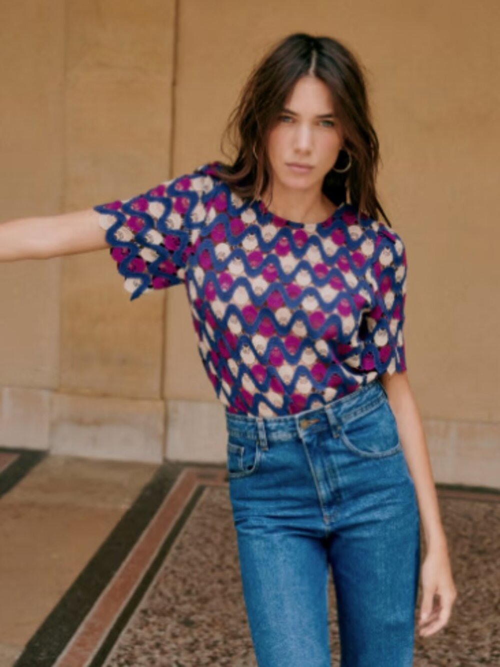 Sezane Multicolor Wave Lace Knit Top in Blue, Purple, Cream - Picture 3 of 6